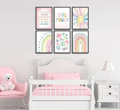 Vista 2 de 6 piezas de arte de pared rosa con diseño de arcoíris boho, patrón de corazón colorido, póster impreso, imágenes en lienzo para poder de niña