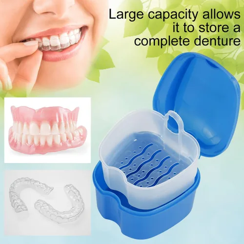 Vista 3 de Estuche de dentadura para dentadura postiza, caja de almacenamiento de dientes falsos con cesta de enjuague, caja de almacenamiento portátil