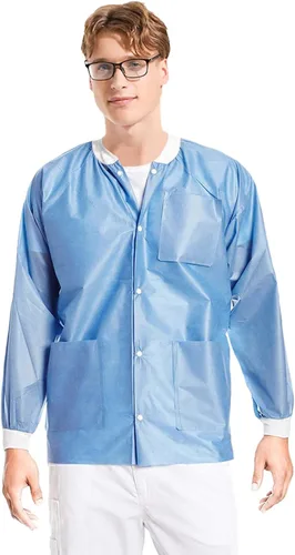 Vista 10 de Paquete de 10 chaquetas desechables de laboratorio, chaqueta médica reutilizable hasta la cadera, unisex, con puños de punto y bolsillos