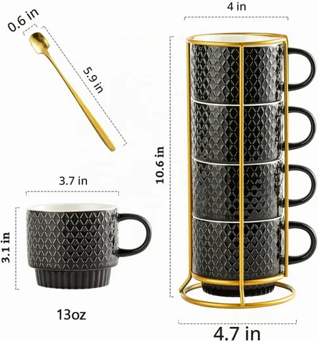 Vista 4 de Gomakren - Juego de 4 tazas de café apilables de 13 onzas con soporte, color negro