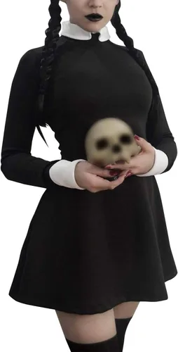 Vista 2 de GIKING Disfraz de Halloween Addams, disfraz familiar para mujer, vestido de miércoles para adultos, vestido vintage de piso de morticia