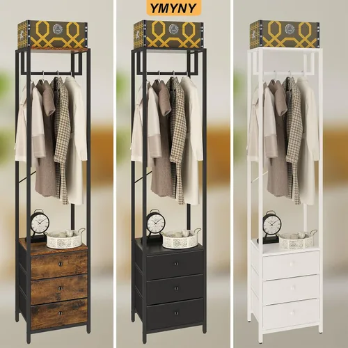 Vista 9 de YMYNY Percheros con cajones, organizador de armario alto independiente con 3 cajones de tela, soporte de ropa para colgar camisas, abrigo, 15.35