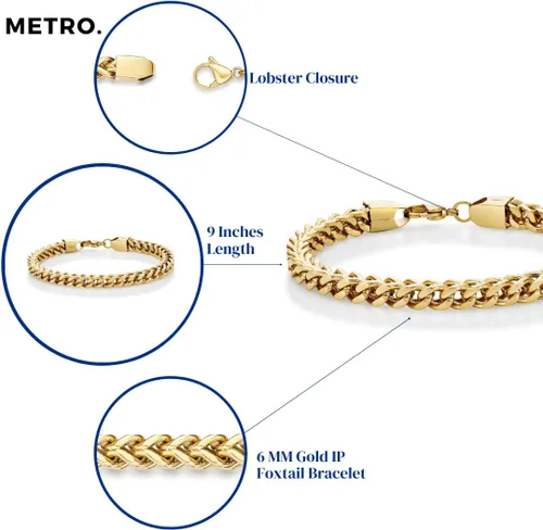 Vista 4 de Metro Jewelry Pulsera de cola de zorra gruesa de 9 a 10 pulgadas de largo para hombre en acero inoxidable con chapado en oro y garra de langosta