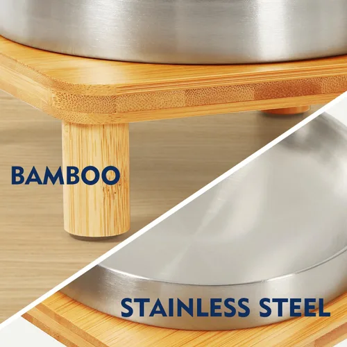 Vista 8 de DoogCat Cuencos elevados para gatos de interior – Mesa elevada de bambú para gatos con 2 platos de acero inoxidable, altura ajustable