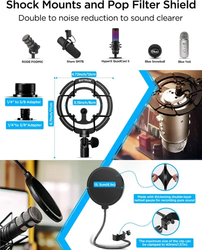 Vista 4 de Bietrun Soporte de escritorio con brazo de micrófono con soporte de choque y filtro pop para Blue Yeti/Snowball/Hyperx Quadcast/Shure MV7/SM7B/RODE