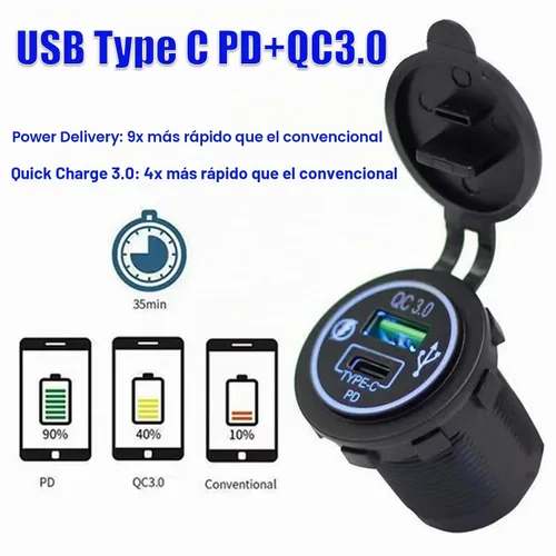 Vista 3 de Panel de interruptor basculante de 5 posiciones con PD Tipo-C, cargador USB, voltímetro digital y salida de 12V para automóvil, barco, camión