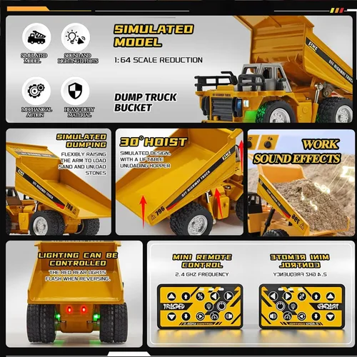 Vista 4 de Mini camión volquete RC 1:64, vehículo de construcción de aleación de metal con aplicación y control remoto doble, velocidad variable, luces LED