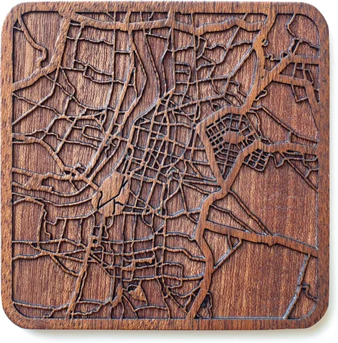 Vista 118 de Posavasos Amsterdam Map by O3 Design Studio, 1 pieza, posavasos de madera Sapele con mapa de la ciudad, hecho a mano, varias ciudades opcionales
