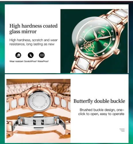 Vista 9 de OLEVS Relojes para mujer, oro rosa, de dos tonos, de moda, de cerámica, blanco, esfera rosa, roja, acero inoxidable, fecha impermeable