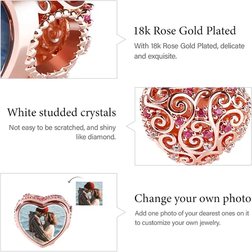 Vista 6 de Gnoce Custom Photo Charms Bead Heart Shaped Sterling Silver Personalized Charm With Cz fit Bracelet Necklace For Women Family Memorial Girls