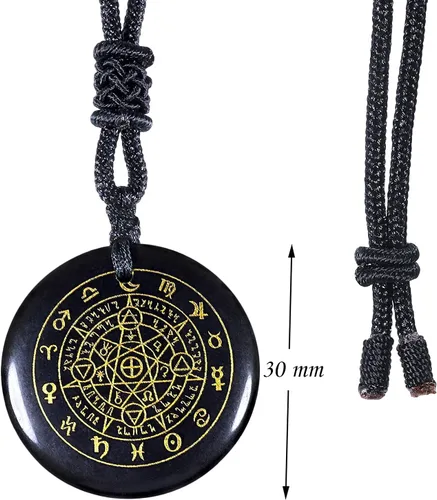 Vista 2 de SUNYIK Collar de piedra de obsidiana negra grabada para mujeres y hombres curativos amuleto de cristal redondo colgante de piedra para protección