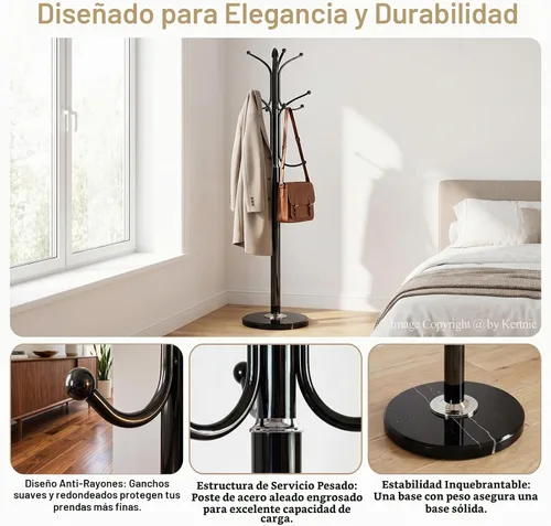 Vista 7 de Kertnic Perchero independiente, árbol de pasillo de metal resistente con 12 ganchos, perchero estable de 70 pulgadas de alto con base de mármol Negro