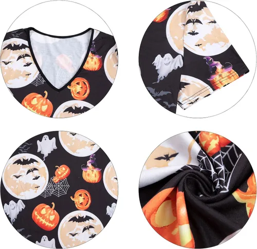 Vista 4 de FLOYU Camiseta de manga corta con cuello en V para mujer, talla grande, cuello en V, estampado de cara de calabaza, camiseta de fantasma
