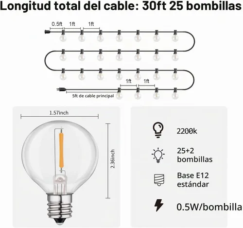 Vista 3 de HISTAR Cadena de luces LED para exteriores de 30 pies con control remoto