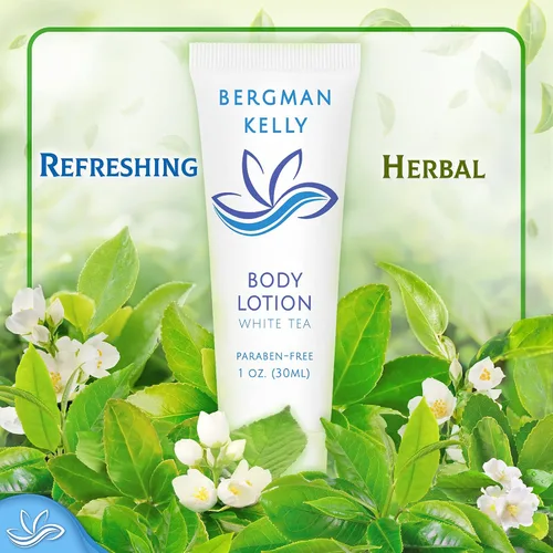 Vista 4 de BERGMAN KELLY - Loción de tamaño de viaje - 1 fl oz, 50 unidades, té blanco - Deleita a tus invitados con una loción corporal vigorizante
