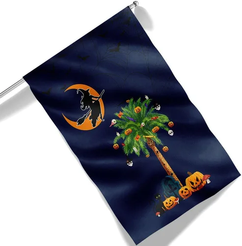 Vista 4 de Bandera de brujería de Halloween de Carolina del Sur, calabazas, palmeras, Carolina del Sur, bandera de jardín de Halloween