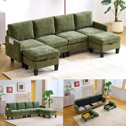 Vista 12 de VINGLI Sofá modular de 110 pulgadas para sala de estar, sofá en forma de U con diván doble, juego de sofá de 4 asientos con tela de felpilla