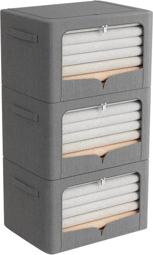 Vista 9 de FHSQX Paquete de 3 contenedores de almacenamiento de ropa plegables con marco de metal, caja de almacenamiento apilable, organizador de tela de lino