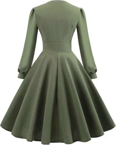 Vista 2 de Wellwits Vestido vintage de otoño de manga larga con cuello en V para mujer