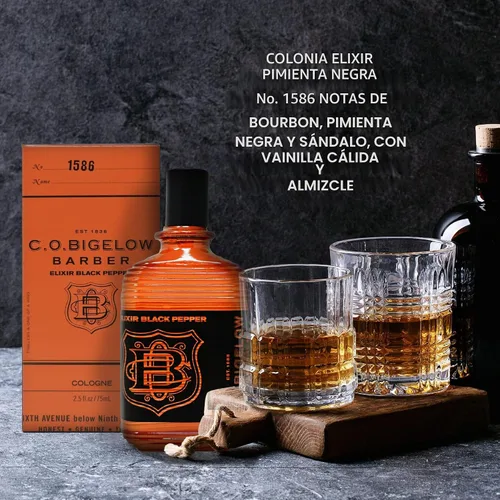 Vista 5 de C.O. Bigelow - Elixir Black Pepper - No. 1586, 2.5 fl oz, Colonia para hombres, aroma de bourbon y madera de sándalo, masculina, refinada, colonia