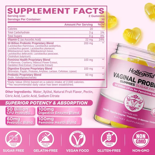 Vista 2 de Gomitas de probióticos vaginales para mujeres con pH equilibrado, 50 mil millones de UFC para olor vaginal femenino y flora, arándano, D-manosa