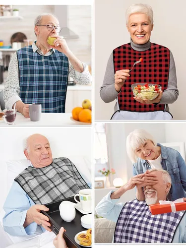 Vista 6 de 10 baberos para adultos para comer, lavable, impermeable, protector de ropa con atrapa migas, baberos grandes reutilizables ajustables para hombres