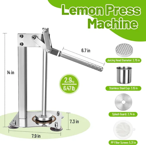 Vista 6 de Máquina trituradora de limones, trituradora manual de limón resistente, exprimidor de prensa de limón de acero inoxidable con base ampliada