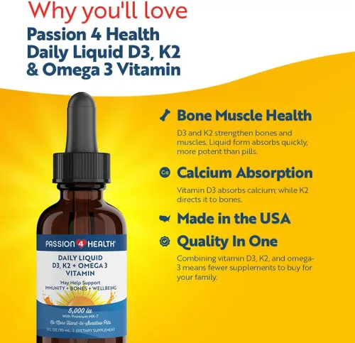 Vista 2 de Passion 4 Health Vitamina líquida orgánica D3 K2 (Mk-7) + Suplemento Omega 3 – Gotas de vitamina D líquida (5000 UI) – Apoyo para huesos y músculos