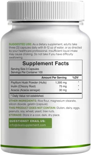 Vista 6 de Cáscara de psyllium 1500mg por porción, 300 cápsulas – Suplemento de fibra 3 en 1 con complejo de inulina y acacia – Fibra soluble natural, apoya