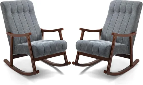 Vista 12 de AVAWING Silla mecedora tapizada con asiento acolchado de tela, cómoda balancín de madera maciza para sala de estar, silla moderna de respaldo alto