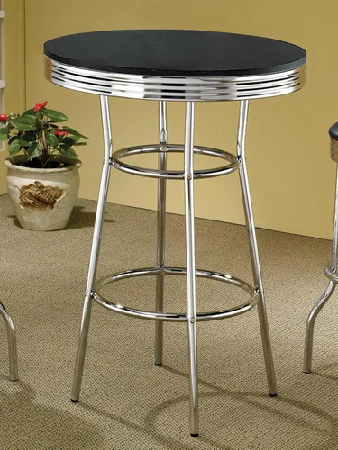 Vista 2 de Coaster Home Furnishings Retro 1950s Fuente de soda Diner Pub Altura Sala de Juegos Bar Mesa Negro Laminado Superior Acero Resistente Base Cromo 2405