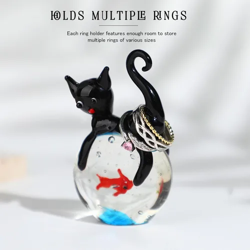 Vista 5 de QFkris Figura de gato negro de vidrio soplado, escultura de animales de cristal de 1.6 pulgadas, figuras coleccionables de arte de gatos y peces