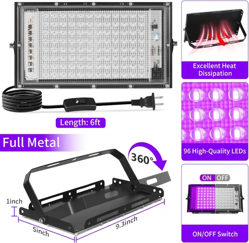Vista 4 de 100W LED Black Lights with Switch+Plug, IP66 Waterproof, 1 Pack Blacklight Flood Light for Halloween, Neon Glow Party Supply, Bedroom, Fluorescent