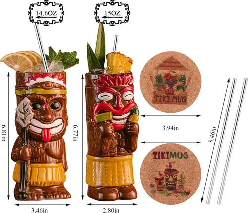 Vista 2 de Juego de tazas Tiki para cóctel, set de 2 - Tazas Tiki de cerámica, lindas tazas exóticas para cóctel, para fiesta hawaiana y bar Tiki