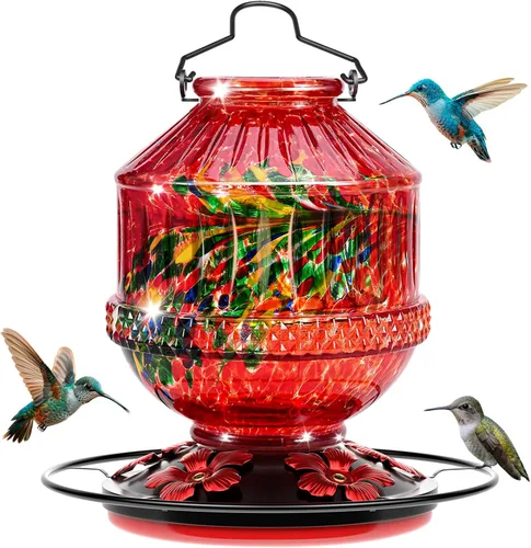 Vista 8 de Comedero de colibrí de vidrio soplado a mano para exteriores, 25 onzas, alimentador de néctar de aves silvestres con perca y 5 puertos