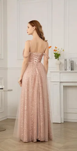 Vista 3 de Yexinbridal Vestidos de fiesta de lentejuelas con hombros descubiertos, vestido largo de tul con purpurina, vestido de fiesta de boda formal