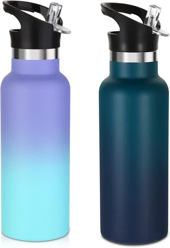 Vista 18 de Volhoply Botella de agua aislada para niños de 17 onzas, botellas de agua de acero inoxidable con tapa con pajilla, botella de agua de metal al
