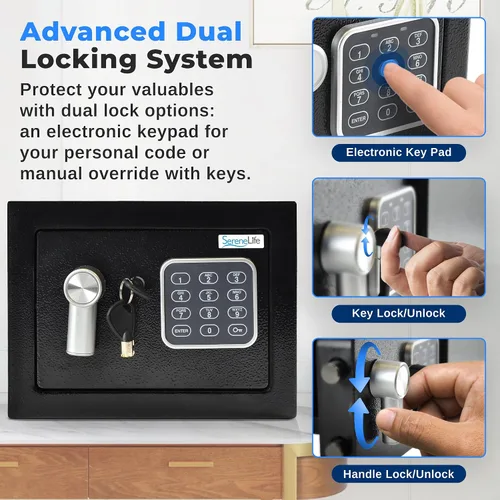 Vista 3 de SereneLife Caja de seguridad digital de acero de alta calidad, 9.1 x 6.7 x 6.7 pulgadas, almacenamiento seguro para efectivo, armas de fuego