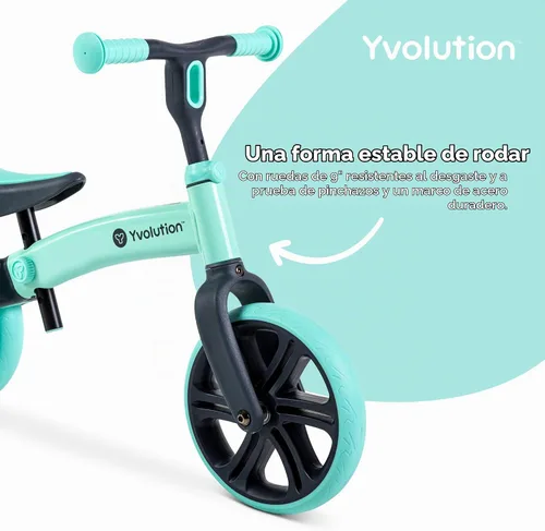 Vista 4 de Yvolution Y Velo Junior - Bicicleta de equilibrio de 9 pulgadas, 2 en 1, sin pedales, con ruedas traseras dobles, asiento ajustable y manillar