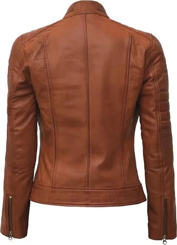 Vista 4 de Chaqueta de cuero para mujer Cafe Racer - Chaquetas de motocicleta de piel de cordero real
