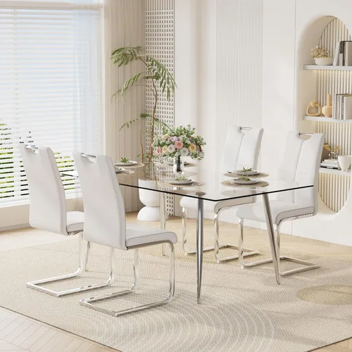Vista 36 de Juego de mesa de comedor moderno de 51 pulgadas para 4 mesas rectangulares de cristal con 4 sillas tapizadas de cuero, asientos 4 ideales para Beige