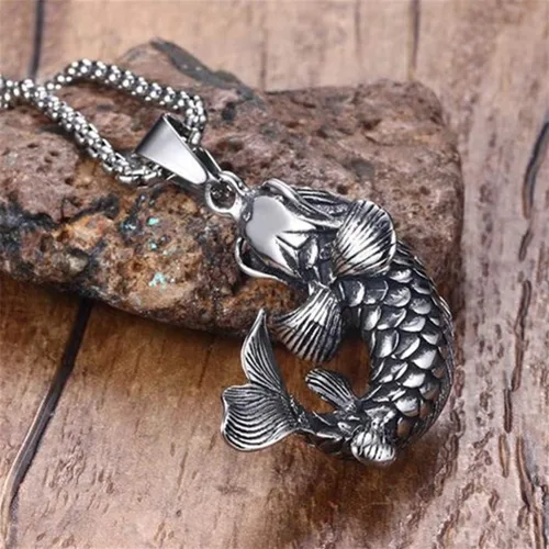 Vista 4 de PAMTIER Collar con colgante de amuleto de carpa Koi chino con signo de la suerte vintage unisex
