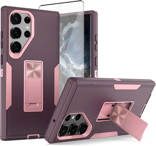 Vista 8 de Asuwish Funda para teléfono Samsung Galaxy S23 Ultra 5G con protector de pantalla de vidrio templado y soporte, accesorios móviles híbridos Violeta