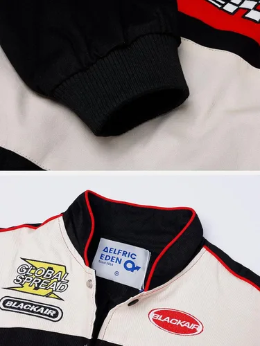 Vista 7 de Aelfric Eden Chaqueta de motocicleta para hombre, chaqueta de béisbol Blackair Moto Varsity para mujer, abrigos vintage