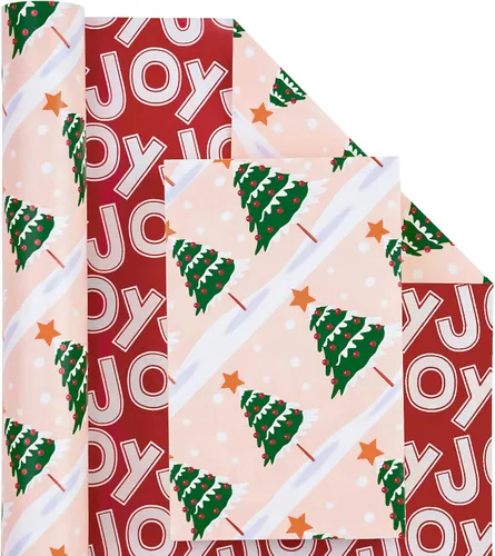 Vista 2 de WRAPAHOLIC - Papel de regalo de Navidad reversible, minirollo, 17 pulgadas x 33 pies, diseño de árbol de Navidad con letras “joy”, perfecto
