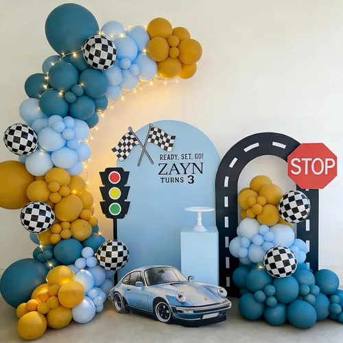 Vista 5 de Kit de arco de guirnalda de globos de auto de carreras, 155 globos de látex azul polvoriento, amarillo, globos de aluminio a cuadros para autos