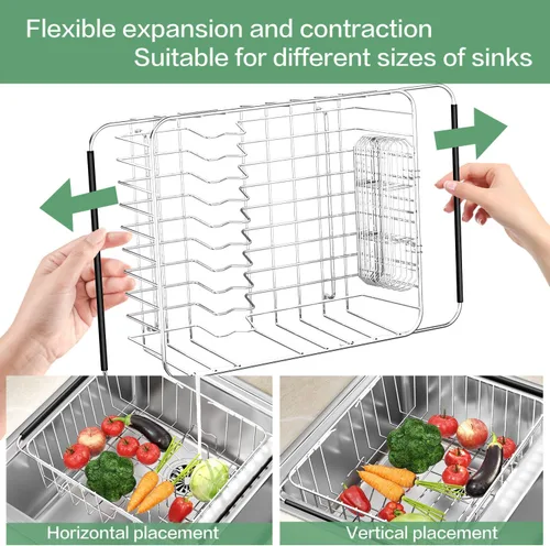 Vista 6 de Escurridor de platos grande para fregadero, escurridor de platos de metal de acero inoxidable 304 expandible con soporte para utensilios de acero