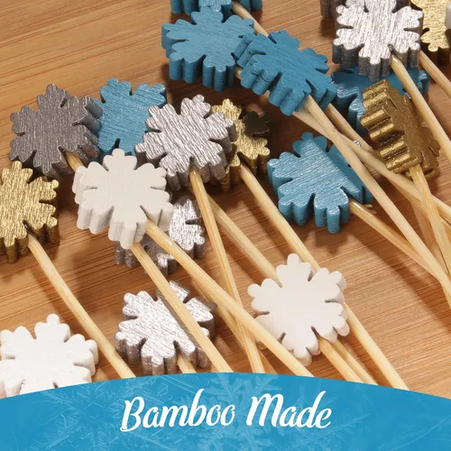Vista 3 de BambooMN - Pinchos de bambú con copos de nieve para aperitivos y postres y cócteles - 3.9" (10 cm) - Azul, Blanco, Oro, Plata - 100 piezas