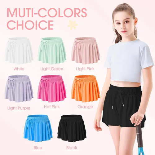 Vista 4 de QooNoo Girls Butterfly Shorts with Pocket Flowy Athletic Shorts High Waist Preppy Running Shorts for Kids Teen