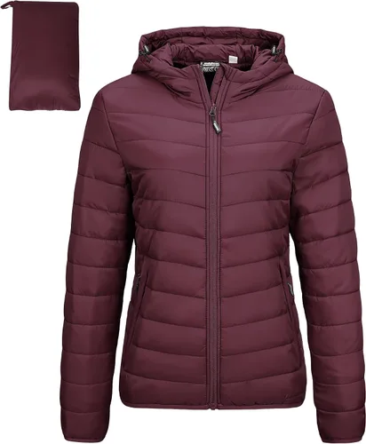Vista 8 de Outdoor Ventures Chaqueta Puffer Ligera Empacable para Mujer con Cremallera Completa y Capucha, Abrigo de Invierno Acolchado Verde militar